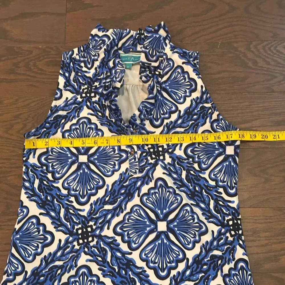 Southern Frock Blue White Sleeveless Ruffle Neck Shift Dress Size Small